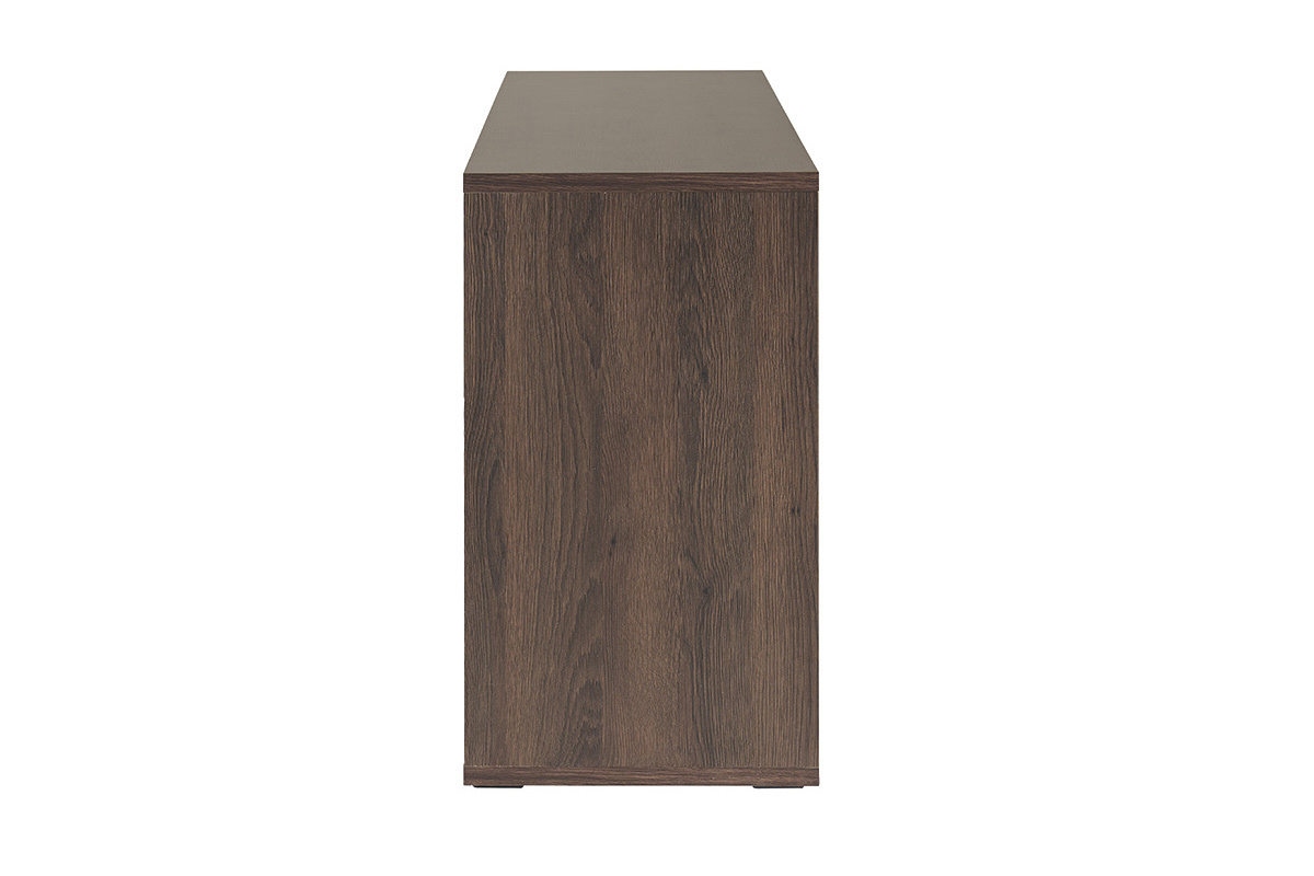 Vue de profil d'une biblioth�que basse en bois fonc� noyer, design �pur�, L140 cm.