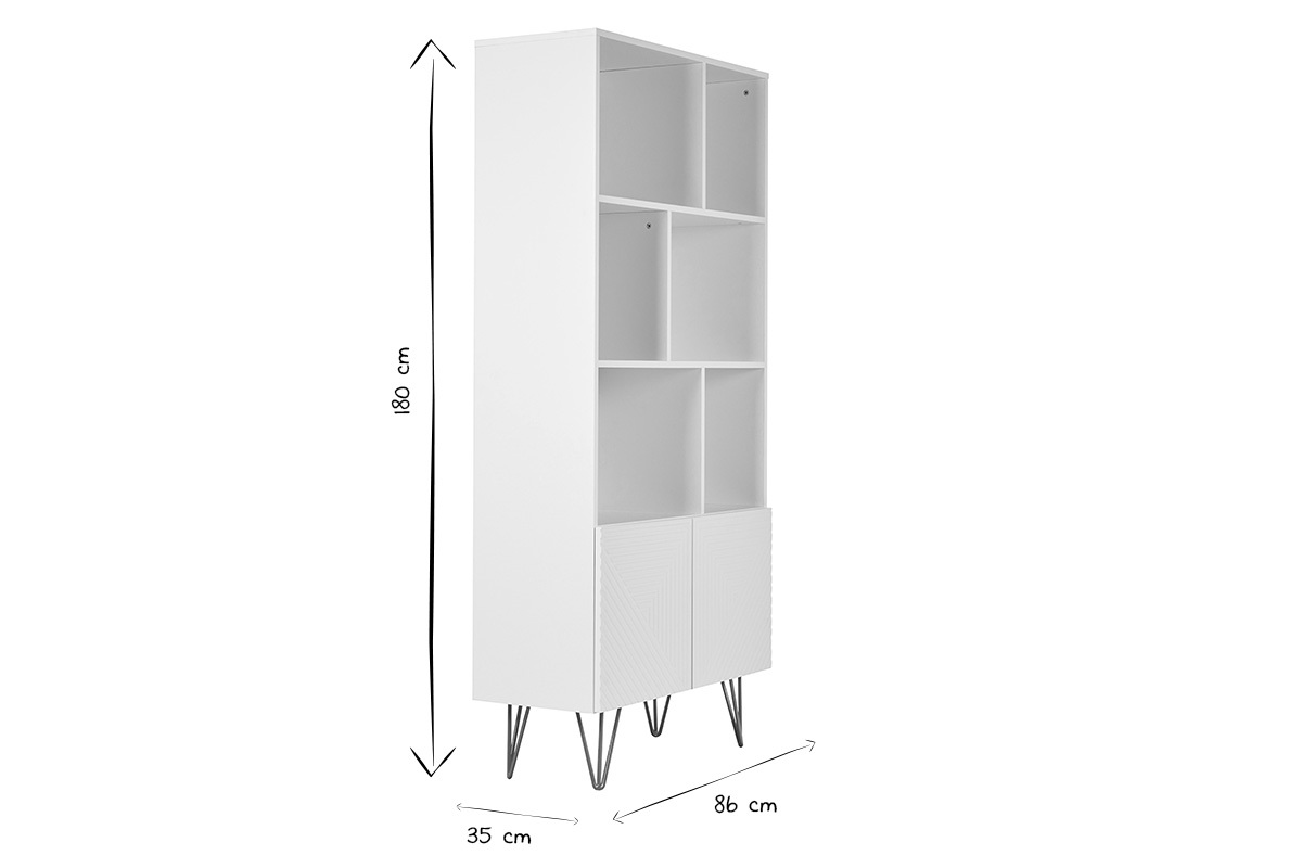 Biblioth�que design grav�e blanc mat et m�tal dor� 2 portes L86 cm OZEN