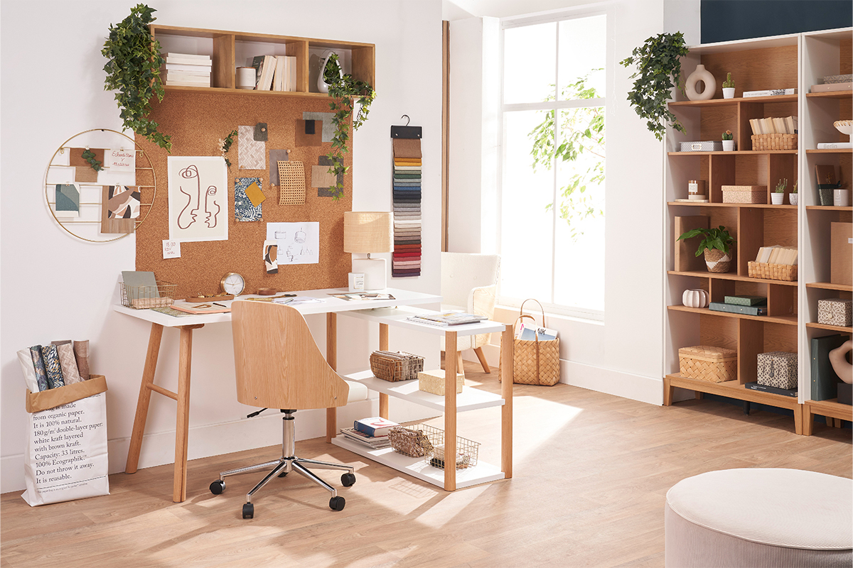 Biblioth�que scandinave en bois clair ch�ne et blanc L90 cm ABEL