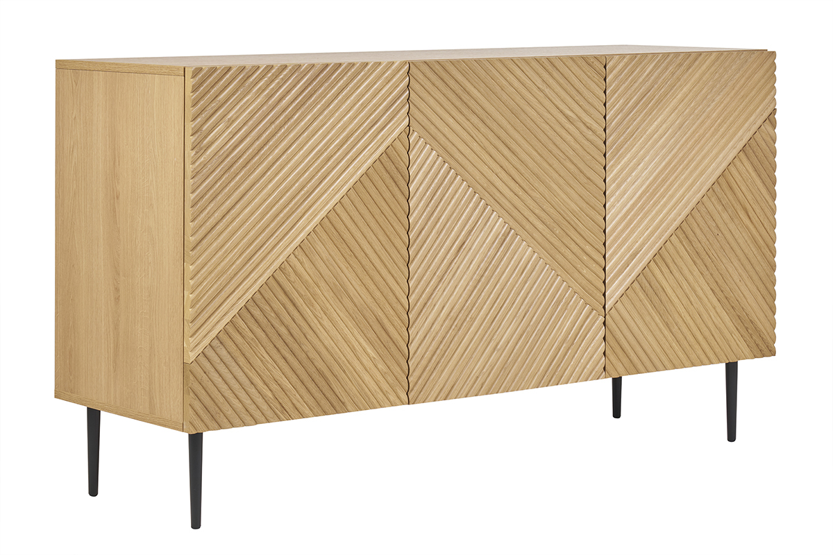 Buffet design en bois clair ch�ne massif grav� et m�tal noir 3 portes L135 cm ARCHIPEL