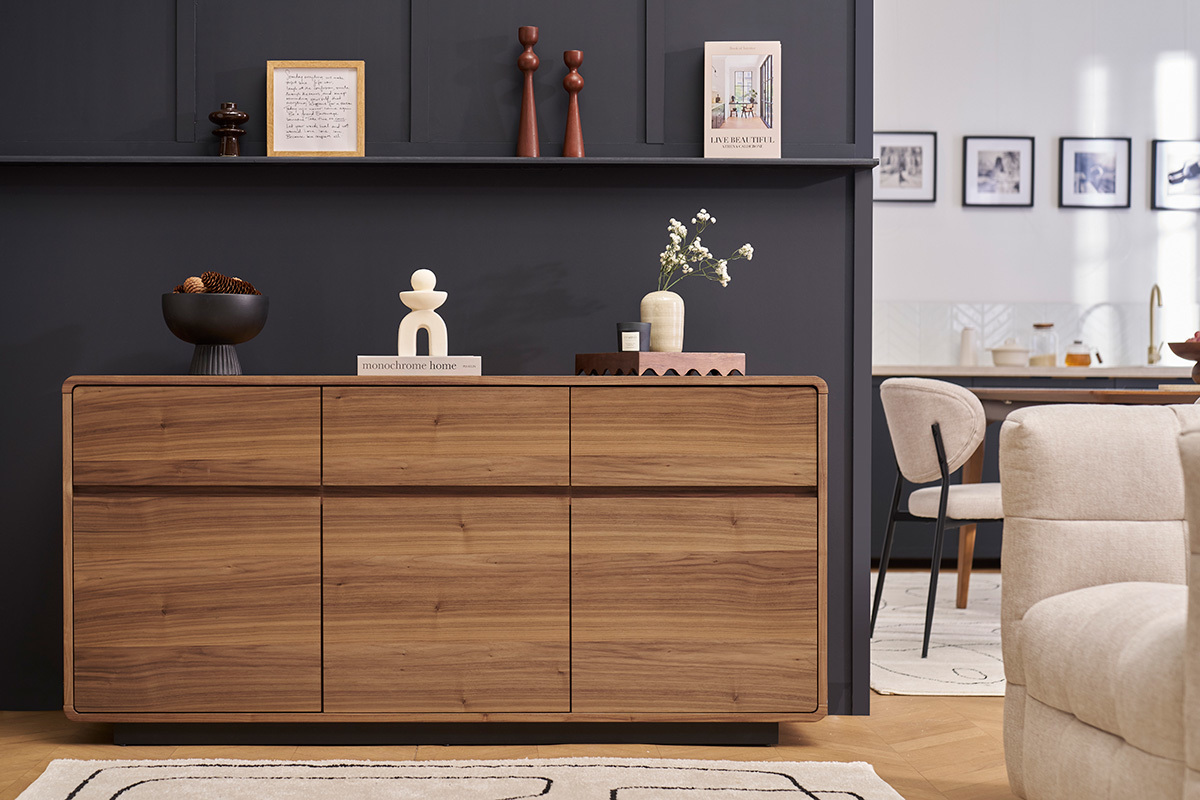 Buffet design en bois fonc� noyer 3 portes 3 tiroirs L160 cm JAKO