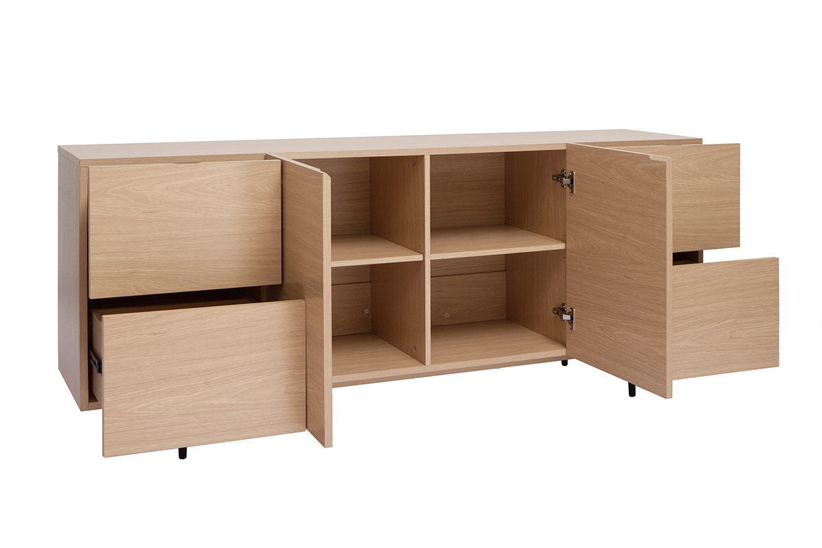 Buffet design finition bois clair ch�ne et m�tal noir 2 portes 4 tiroirs L180 cm ALASKA