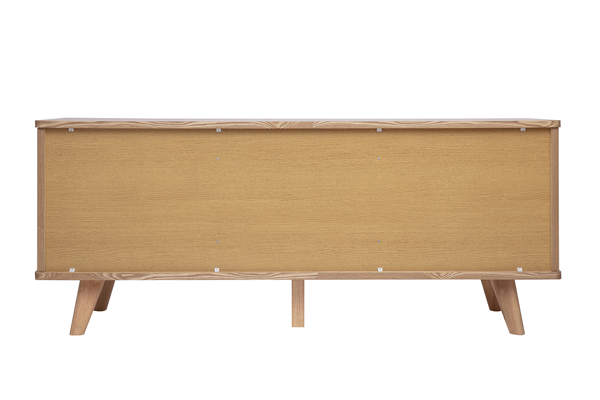 Vue arri�re du buffet scandinave en bois clair fr�ne, pieds massifs fusel�s.
