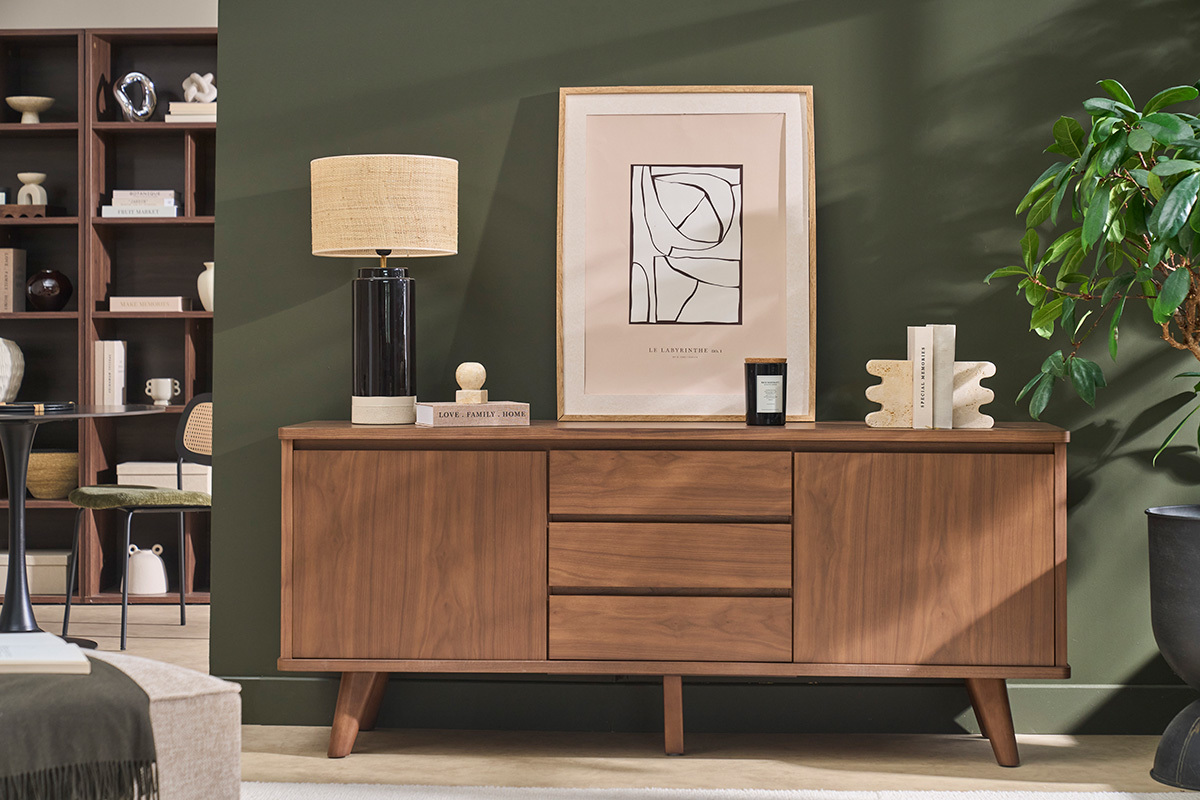 Buffet scandinave en bois fonc� noyer 2 portes 3 tiroirs L180 cm FIFTIES