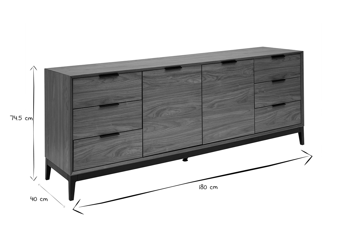 Buffet vintage finition bois fonc� noyer et m�tal noir avec rangements L180 cm SARTO