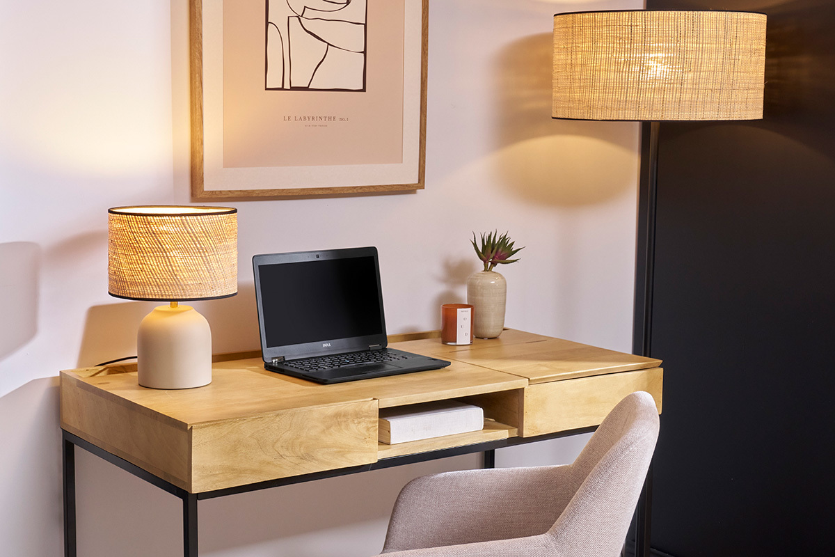 Bureau � rangements industriel bois manguier massif et m�tal noir L118 cm YPSTER