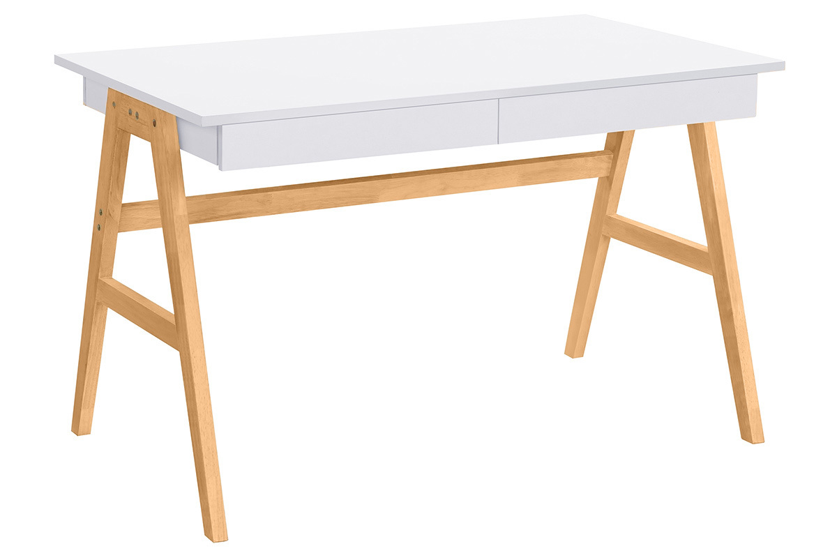 Bureau avec rangements 2 tiroirs scandinave blanc et bois clair ch�ne L120 cm BROOK
