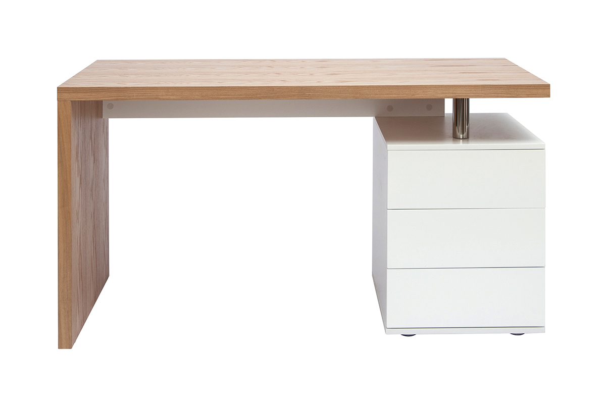 Bureau bois clair et blanc avec trois tiroirs vue de face.
