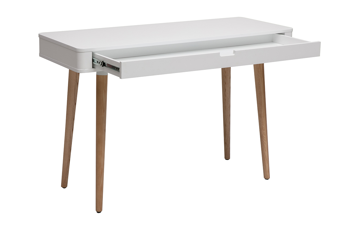 Bureau blanc et bois clair avec tiroir ouvert, pieds en ch�ne, vue de 3/4.