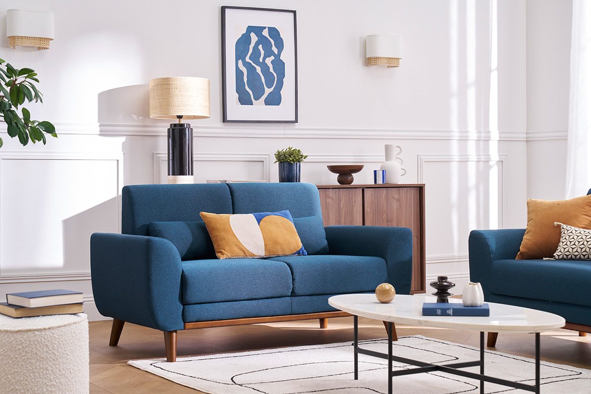 Canap� 2 places en tissu bleu fonc� et bois fonc� EKTOR