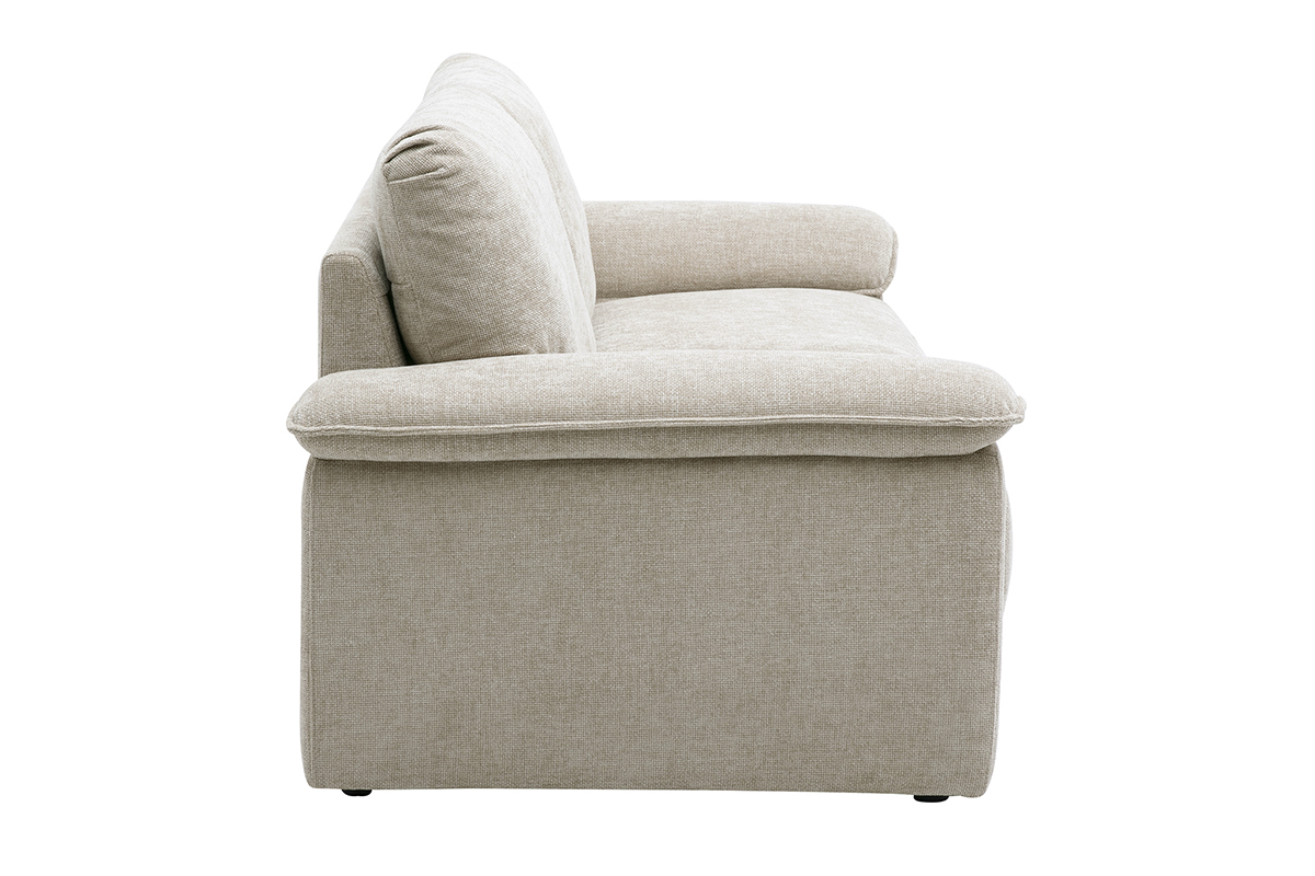 Canap� 3 places en tissu effet velours textur� beige, vue de profil