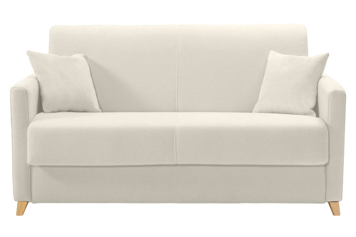 Canap� convertible 2-3 places en tissu beige et bois clair avec matelas 13 cm SKANDY