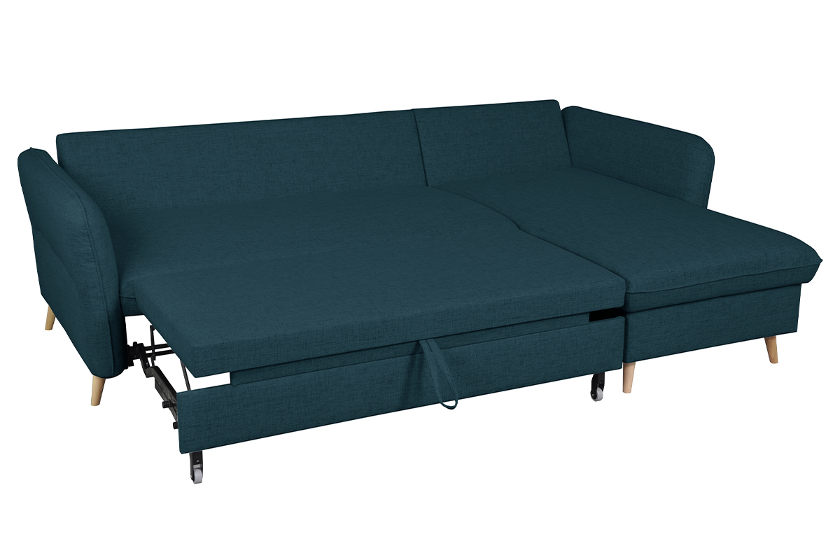 Canap� d'angle convertible r�versible avec coffre 3-4 places en tissu bleu oc�an et bois clair DRISS