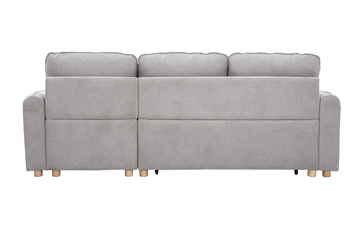 Canap� d'angle convertible r�versible gris et bois clair ORSO, 3 places, tissu chenille, coffre de rangement.