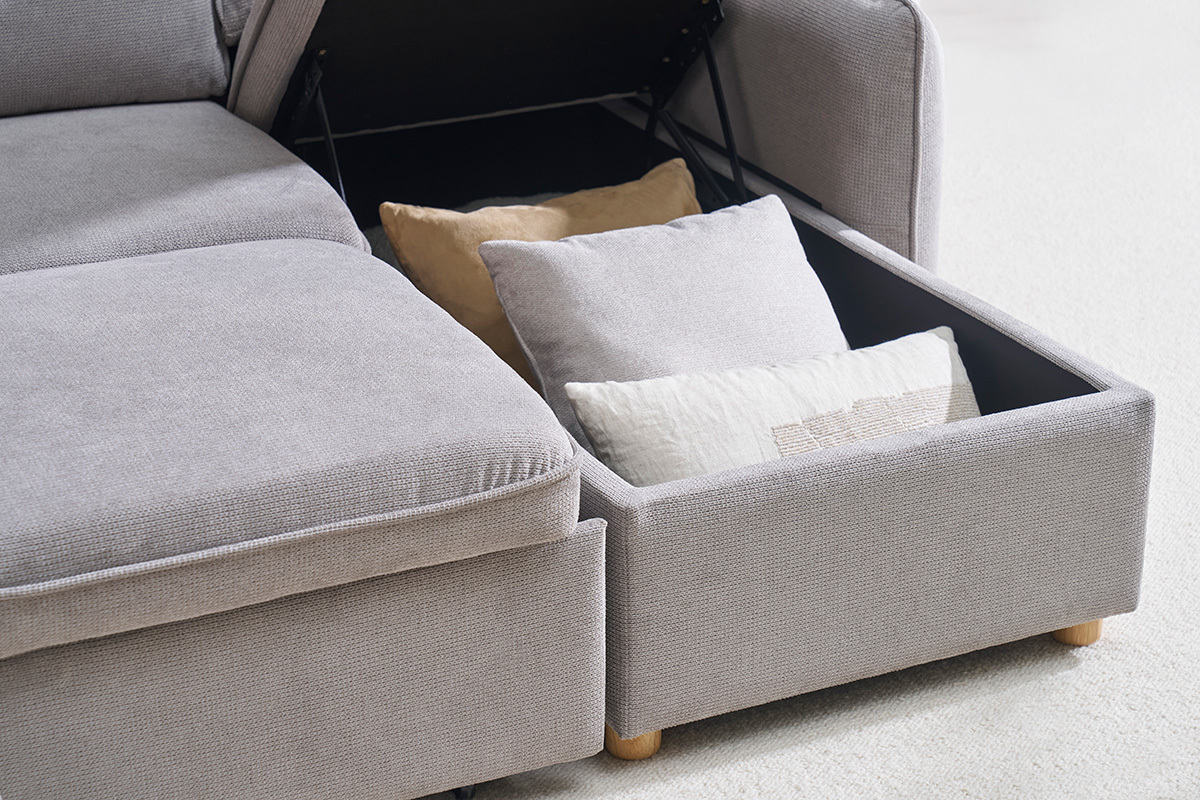 Canap� d'angle convertible r�versible avec coffre 3 places en tissu chenille gris et bois clair ORSO