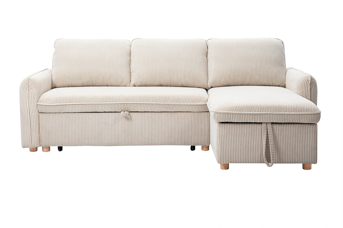 Canap� d'angle convertible en velours c�tel� beige avec coffre, vue de face.