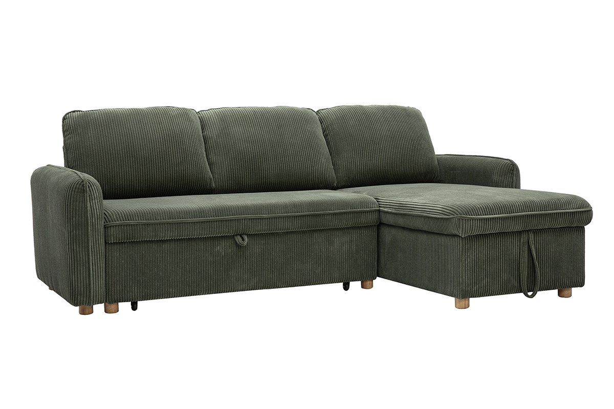 Canap� d'angle convertible r�versible ORSO en tissu velours c�tel� vert kaki, 3 places, avec coffre de rangement.