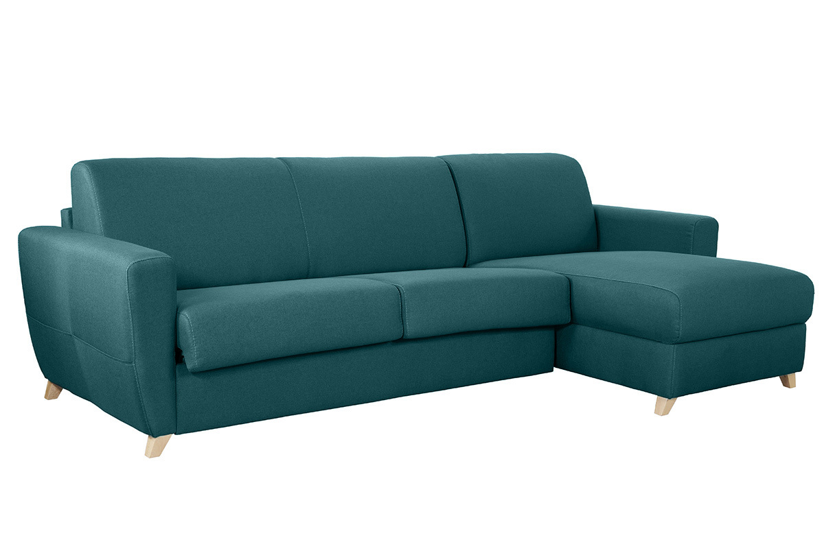 Canap� d'angle convertible r�versible avec coffre 4 places en tissu bleu canard et bois clair GRAHAM