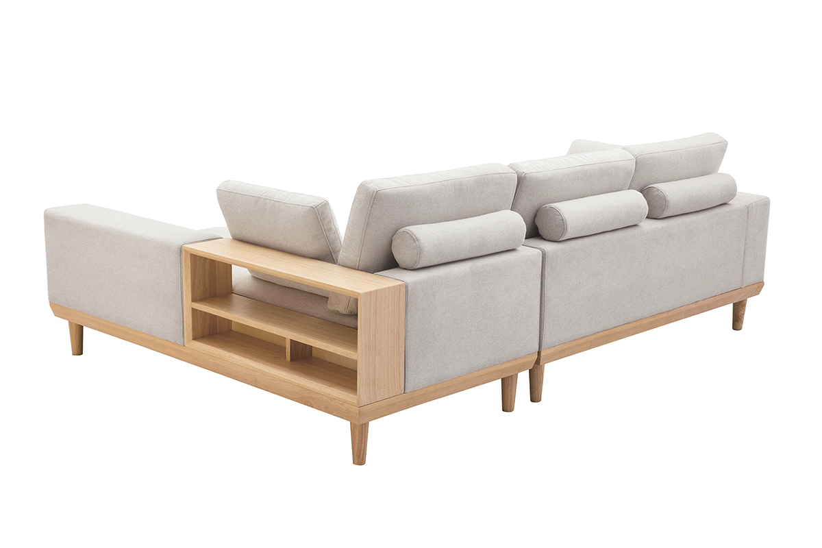Canap� d'angle droit 5 places avec rangements en tissu effet velours textur� beige et bois clair KOMAO