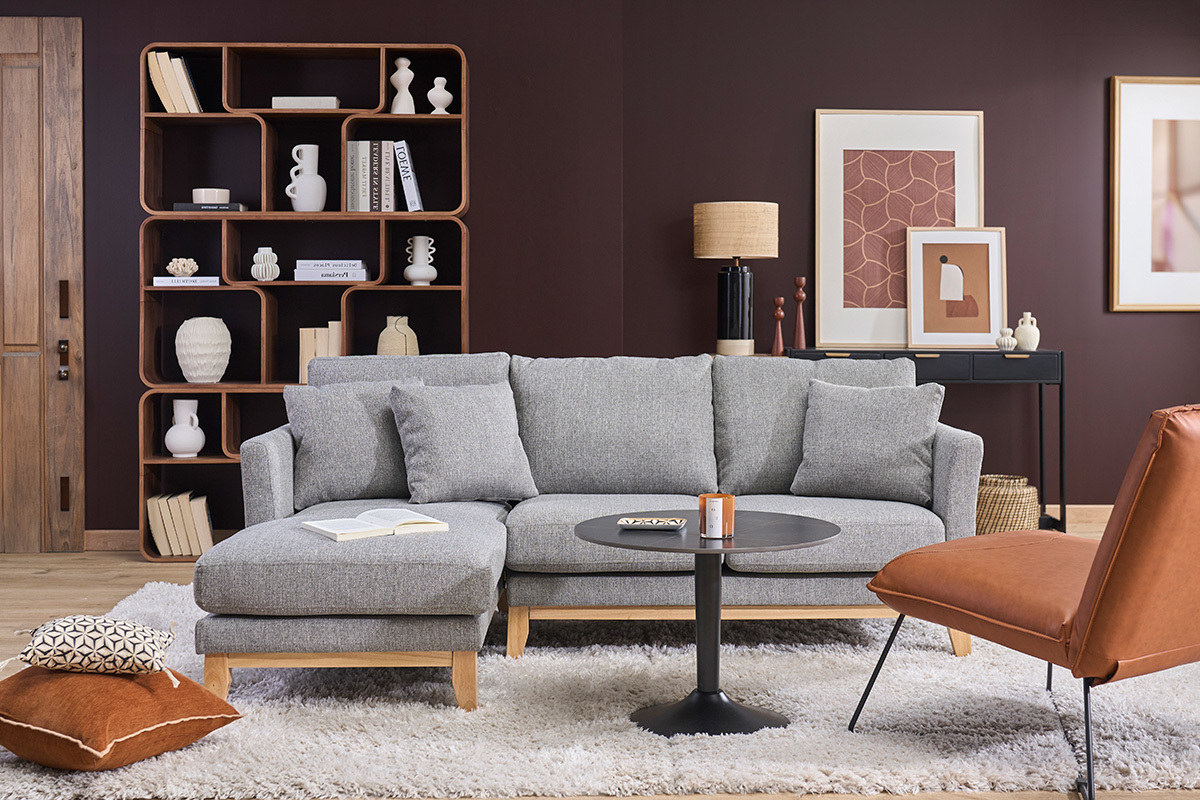Canap� d'angle gauche d�houssable scandinave en tissu vert de gris et bois clair 3-4 places OSLO