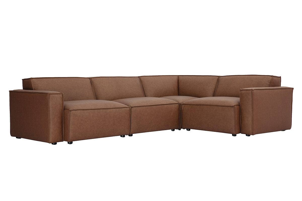 Canap� d'angle modulable vintage 5 places en cuir marron, vue 3/4.