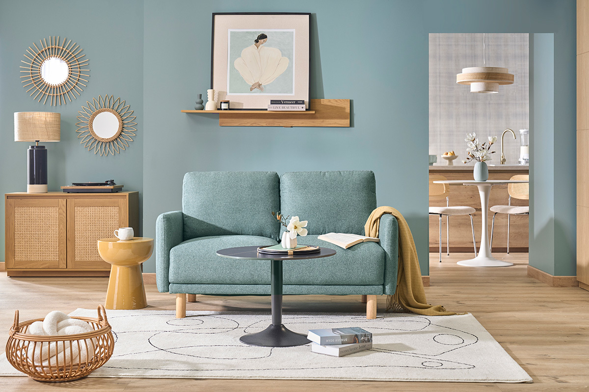 Canap� design 2 places en tissu vert de gris et bois clair BONO