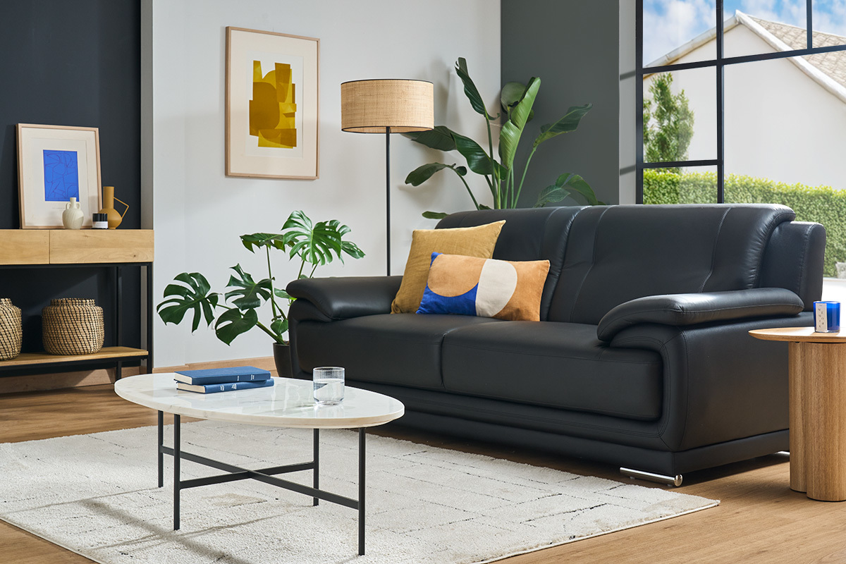 Canap� design 3 places en cuir noir et acier chrom� TAMARA