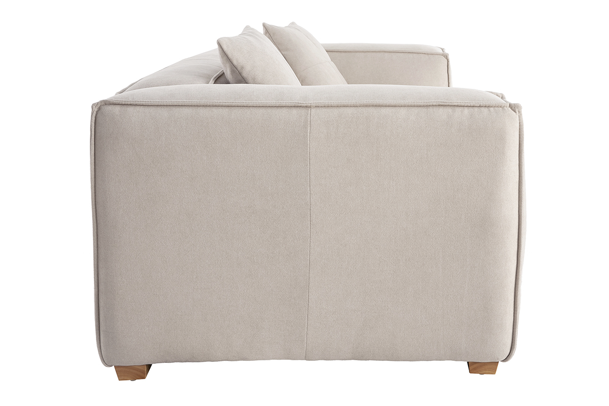 Canap� design 3 places en tissu effet velours beige naturel et bois clair COBAIN