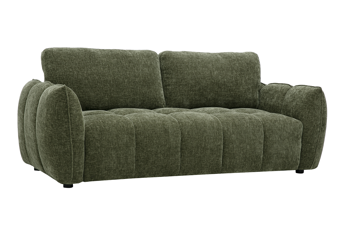 Canap� design 3 places en tissu effet velours textur� vert kaki, vue de 3/4.