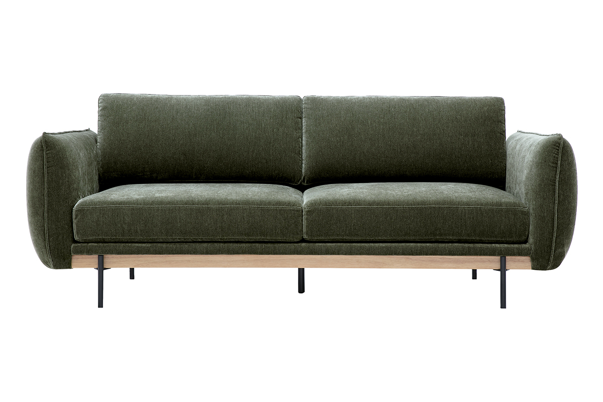 Canap� design 3 places en tissu effet velours vert kaki, vue de face, structure en bois et m�tal noir.