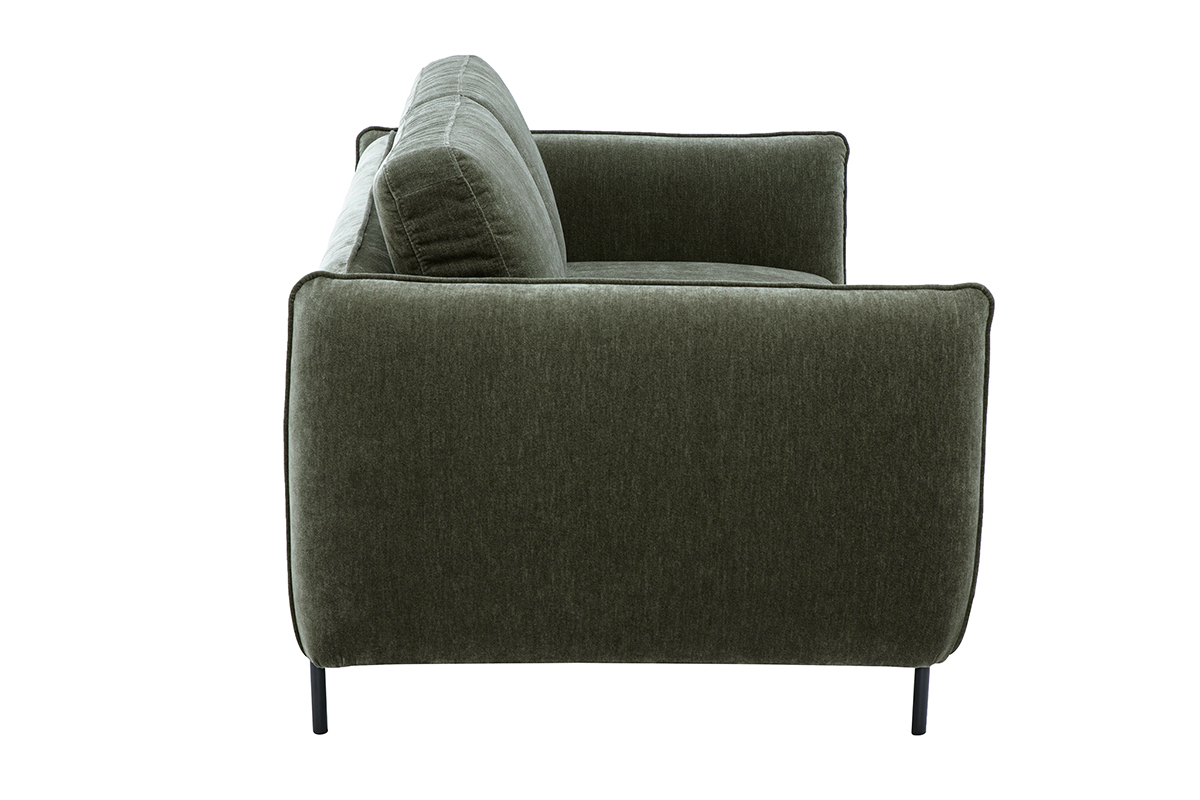 Canap� design 3 places en tissu effet velours vert kaki, vue de profil.