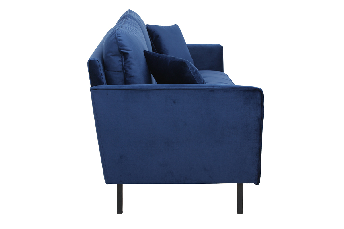 Canap� design 3 places en tissu velours bleu fonc� et m�tal noir BEKA