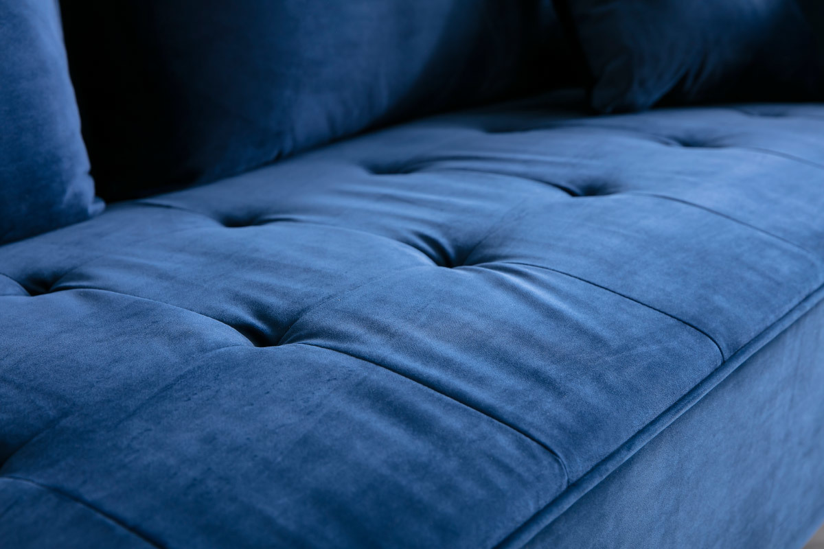Canap� design 3 places en tissu velours bleu fonc� et m�tal noir BEKA