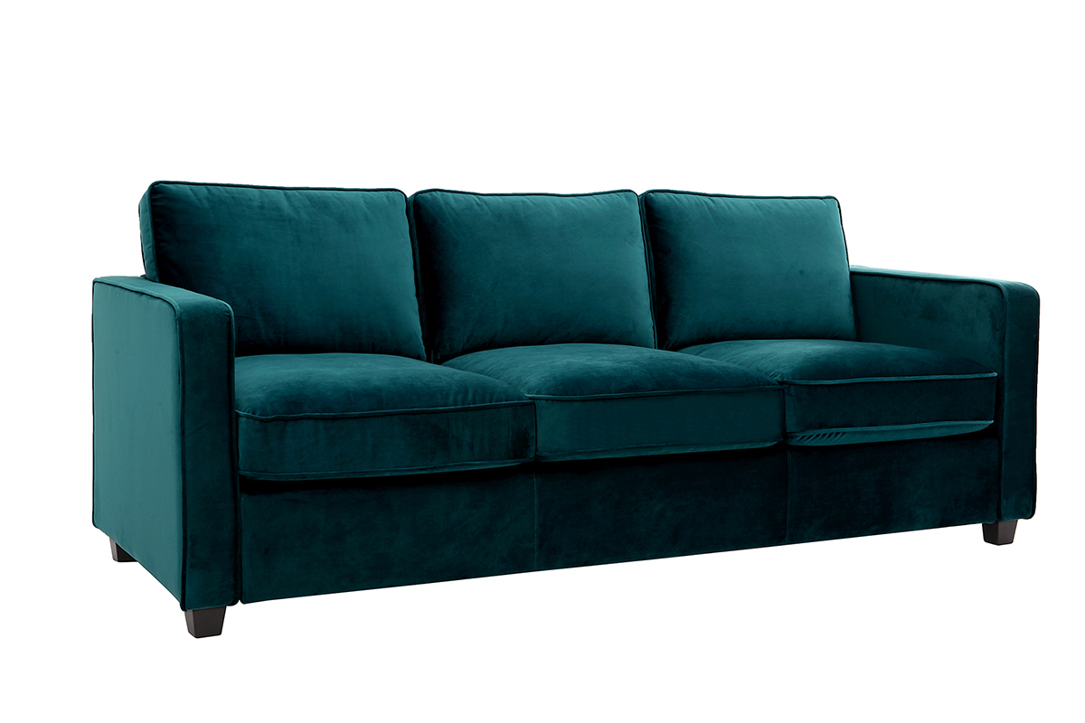Canap� design 3 places en tissu velours bleu p�trole et bois noir BROOKLYN
