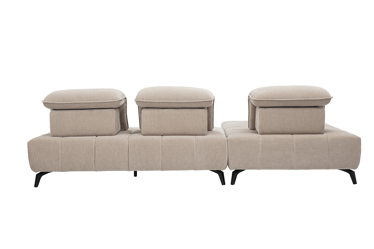 Canap� modulable 4 places, tissu effet velours taupe, vue de dos avec t�ti�res ajustables, pieds en m�tal noir.