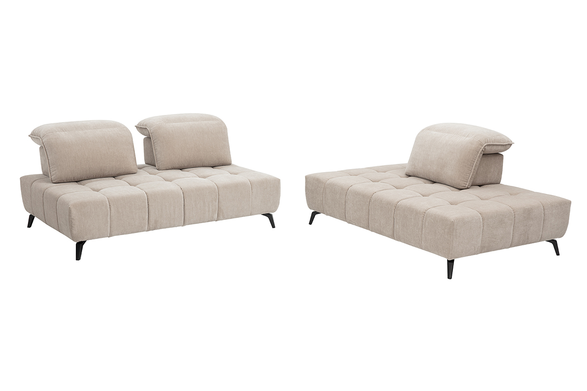 Canap� modulable 4 places en tissu effet velours taupe avec t�ti�res ajustables, pieds en m�tal noir.
