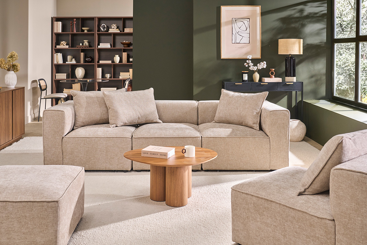Canap� modulable 4 places en tissu effet velours textur� beige KERRY