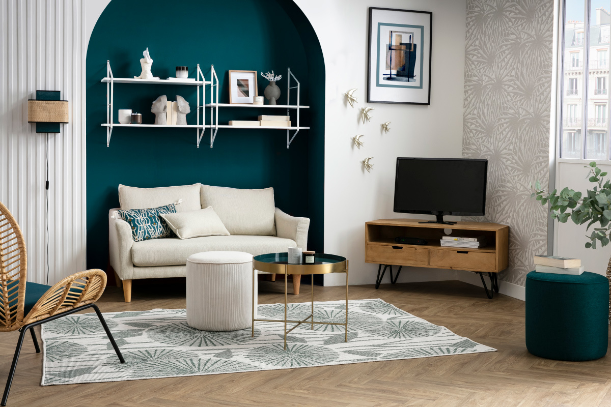 Canap� scandinave 2 places en tissu gris et bois clair KATE