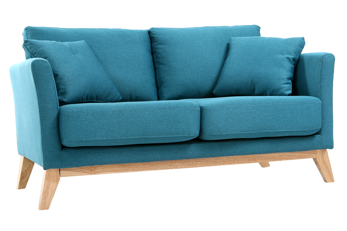 Canap� scandinave d�houssable 2 places en tissu bleu canard et bois clair OSLO