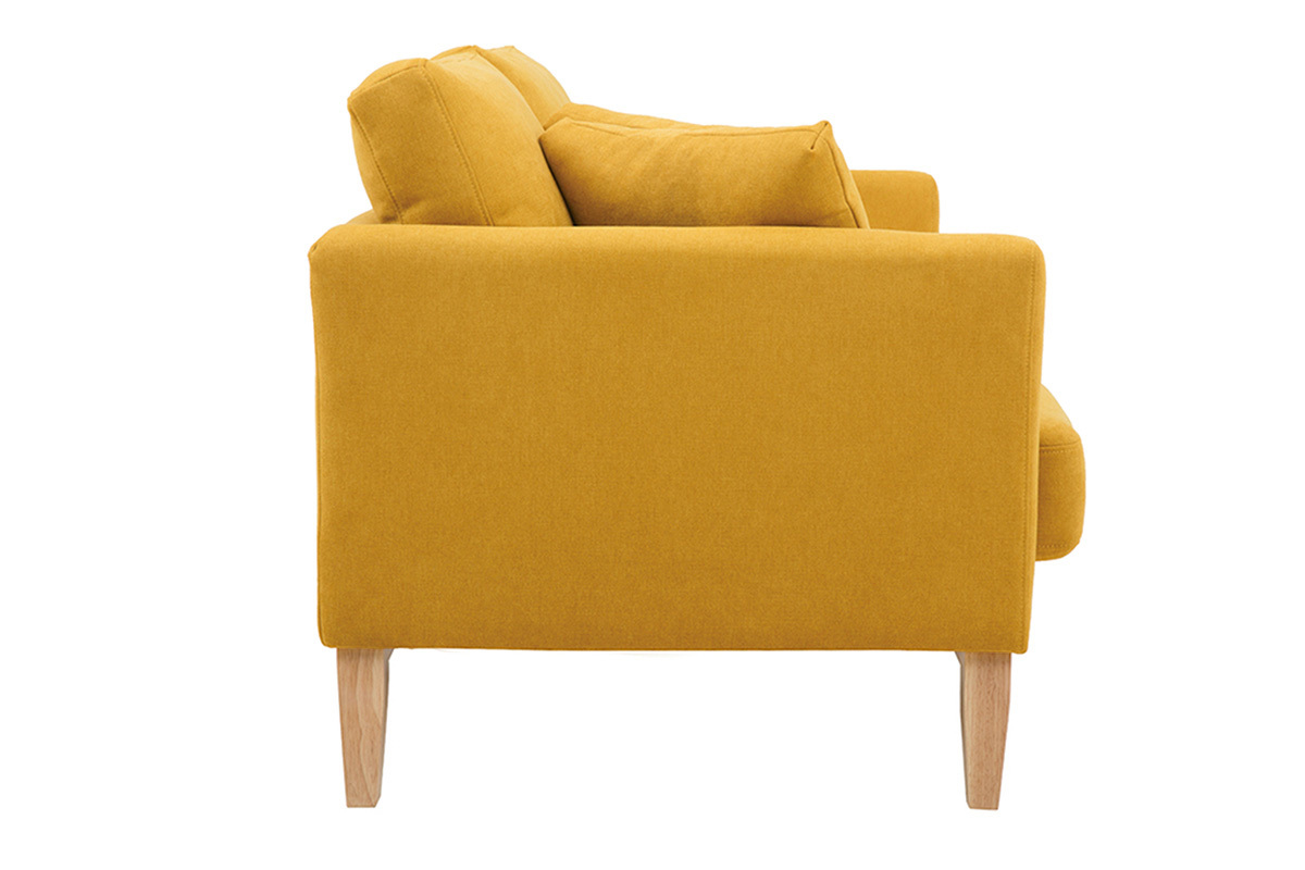 Canap� scandinave jaune moutarde, 2 places, vue lat�rale, pieds en bois clair.