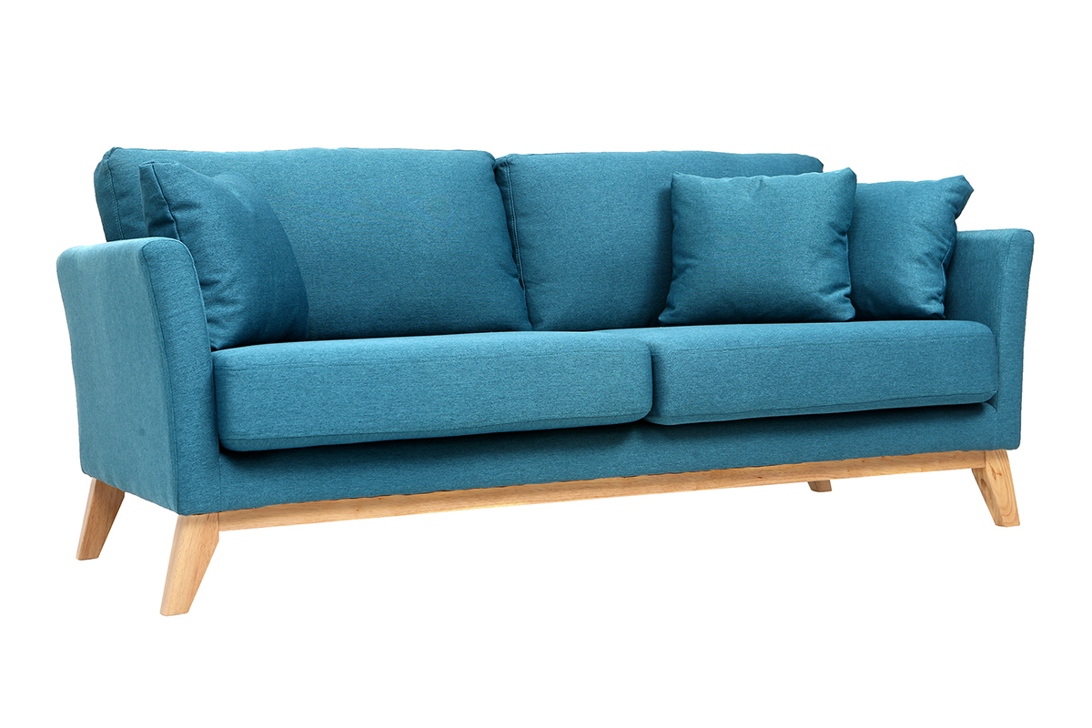Canap� scandinave d�houssable 3 places en tissu bleu canard et bois clair OSLO
