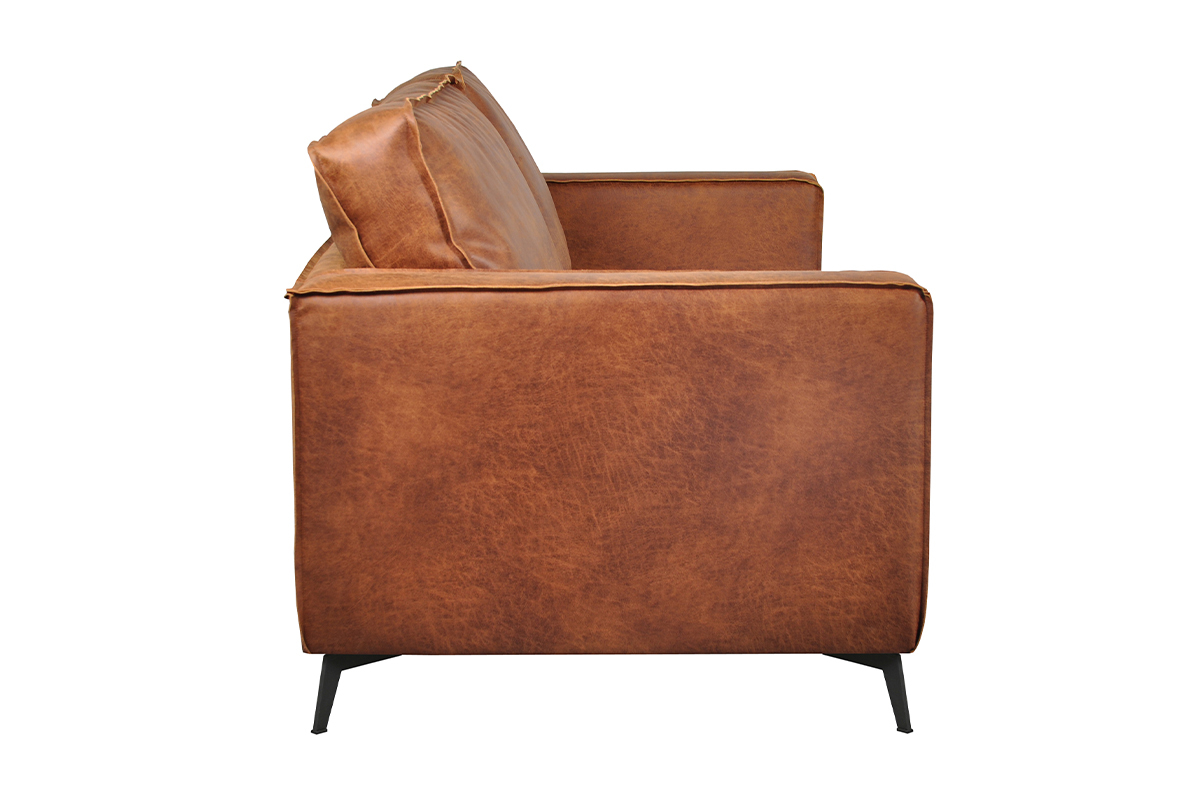 Canap� vintage 2-3 places cuir marron cognac aspect vieilli et m�tal noir SONNY