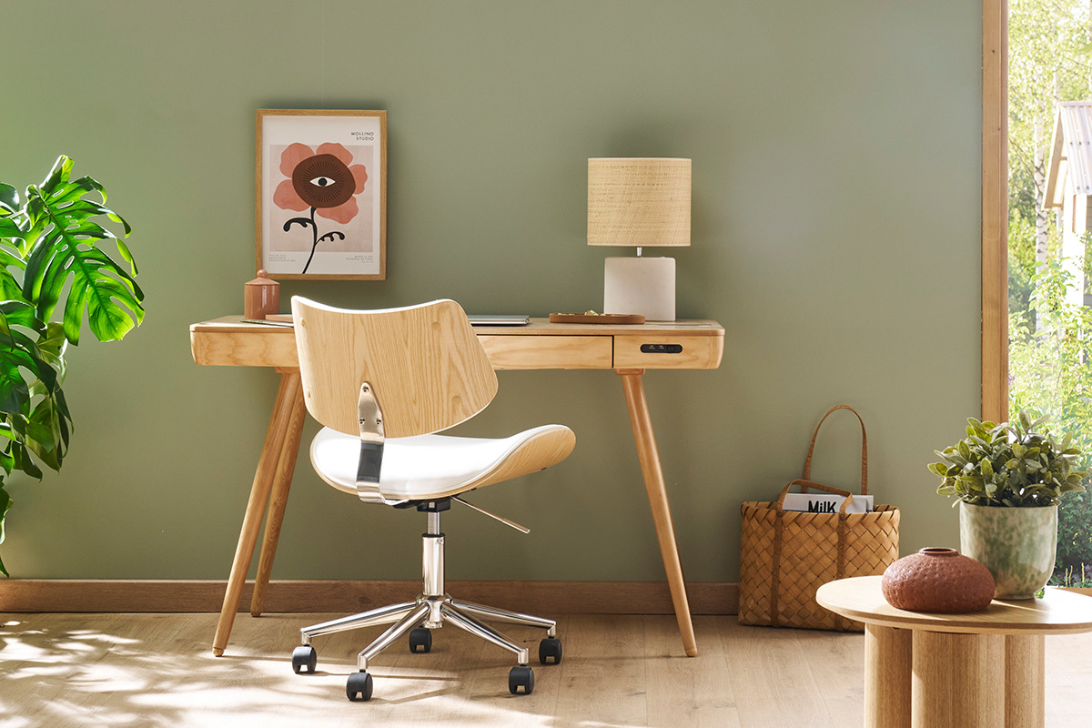 Chaise de bureau � roulettes design blanc, bois clair ch�ne et m�tal MALMO