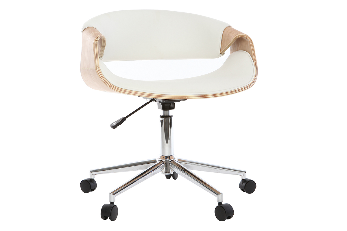 Chaise de bureau design blanc, bois clair, pi�tement chrom�, vue de 3/4.