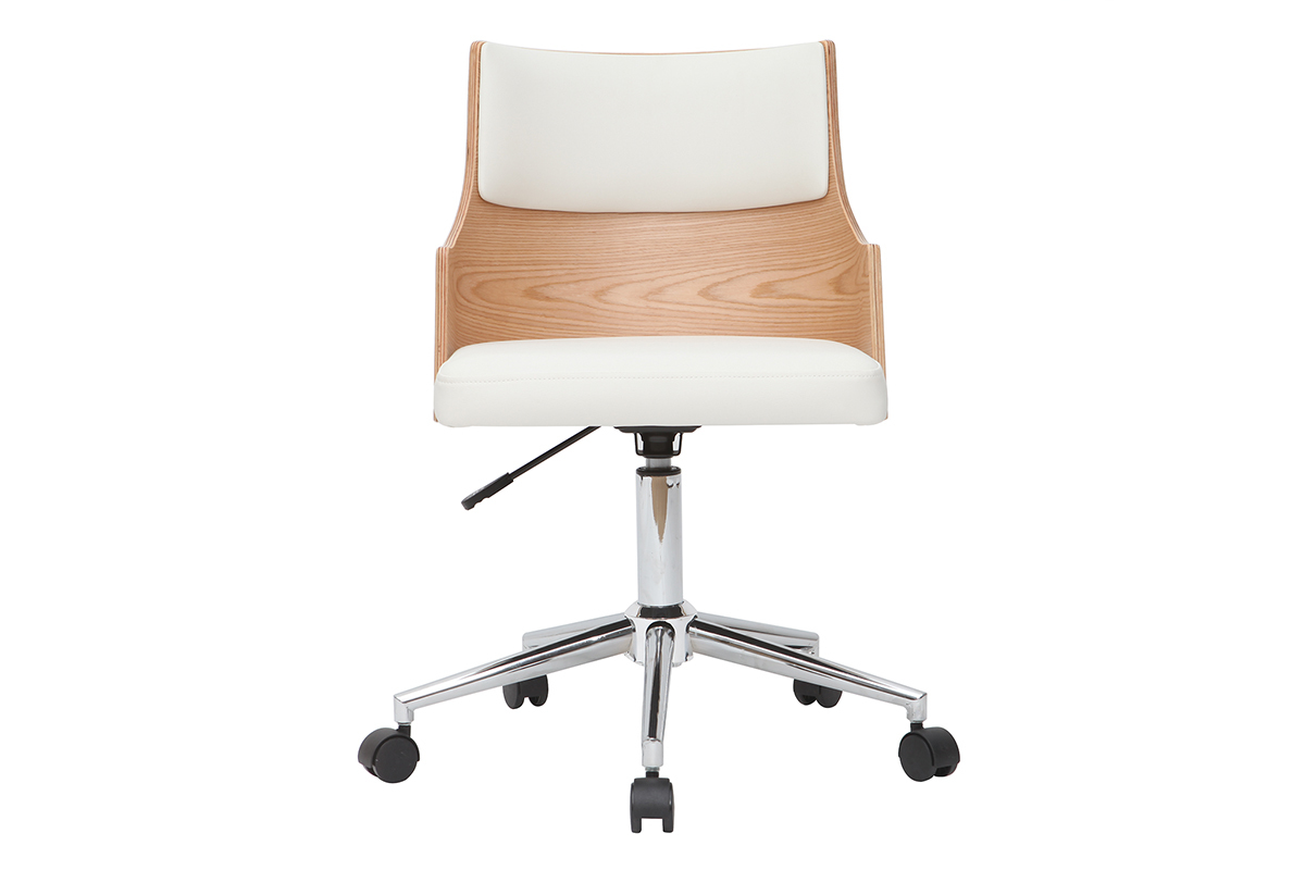 Chaise de bureau � roulettes design blanc, bois clair et acier chrom� MAYOL