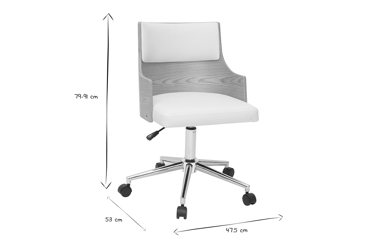 Chaise de bureau � roulettes design blanc, bois clair et acier chrom� MAYOL