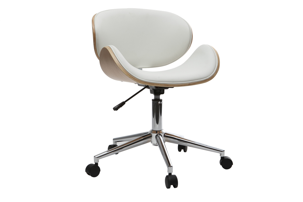 Chaise de bureau � roulettes design blanc, bois clair et acier chrom� WALNUT
