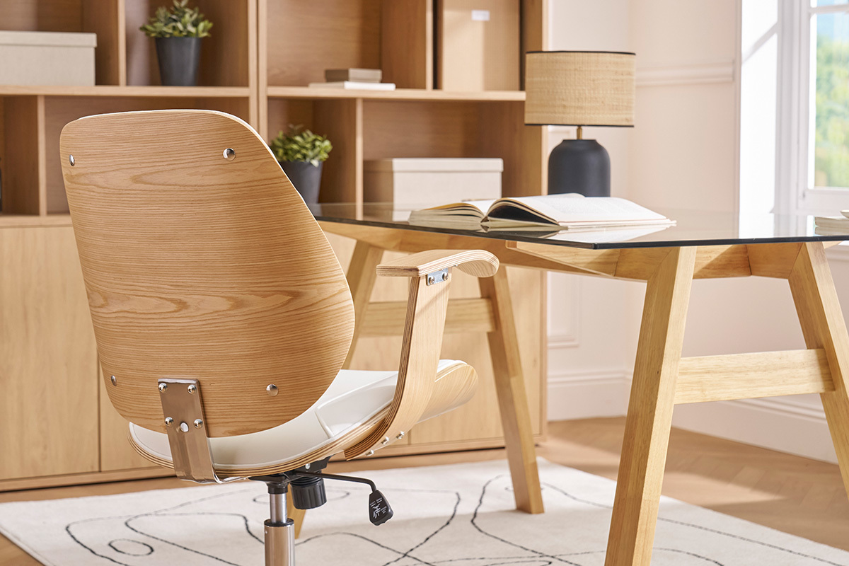 Chaise de bureau � roulettes design blanc, bois clair et acier chrom� YORKE