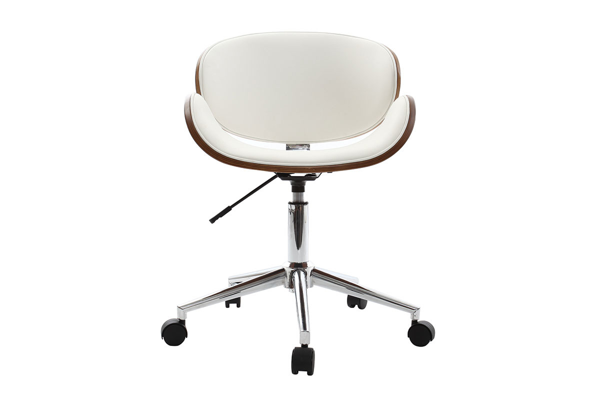 Chaise de bureau design blanche et noyer, vue de face