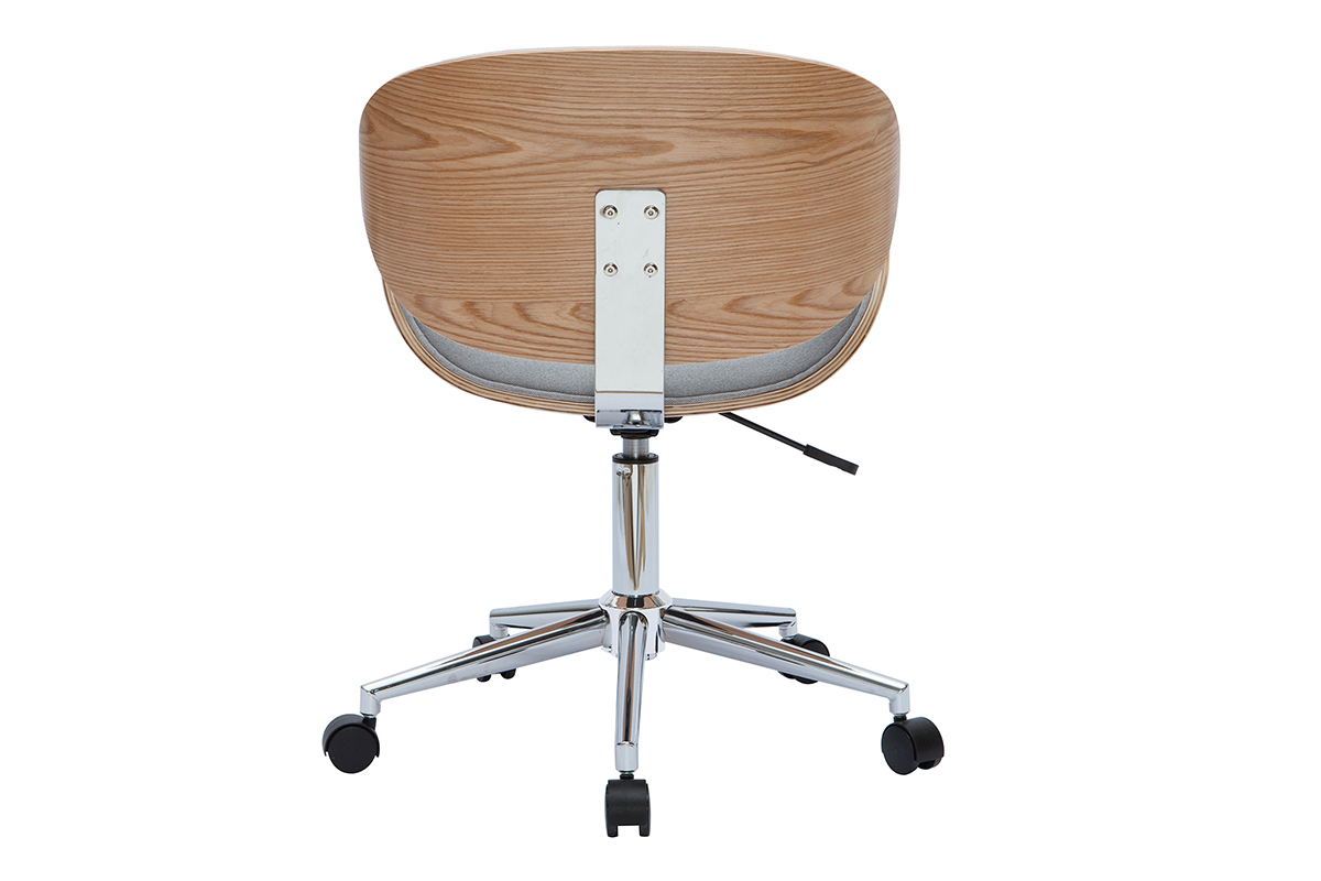 Chaise de bureau � roulettes design en tissu gris clair, bois clair et acier chrom� WALNUT
